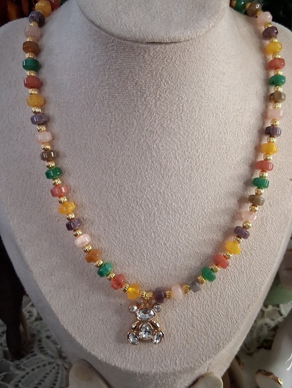 Multicolored Beaded Necklace with Crystal Teddy Pendant - Women Jewelry